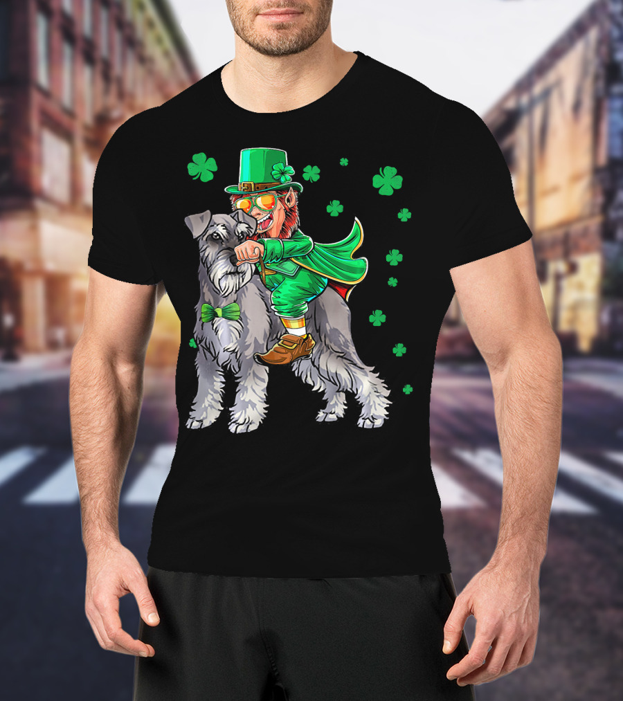 Leprechaun Riding Miniature Schnauzer With Green Shamrocks T-Shirt
