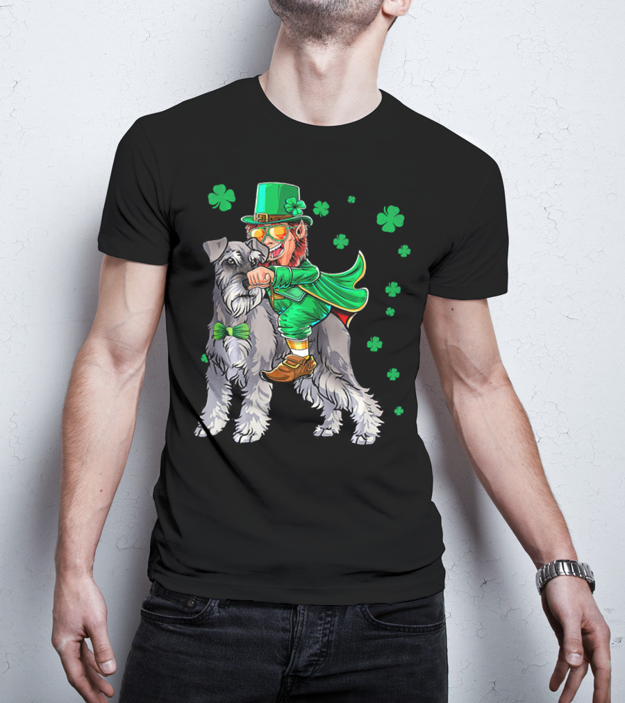 Leprechaun Riding Miniature Schnauzer With Green Shamrocks T-Shirt