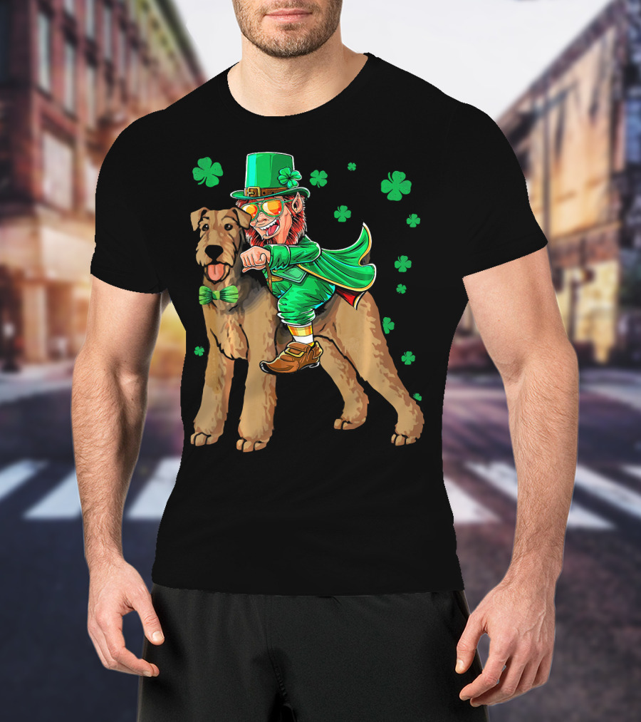 Leprechaun Riding Airedale Terrier With Shamrocks T-Shirt