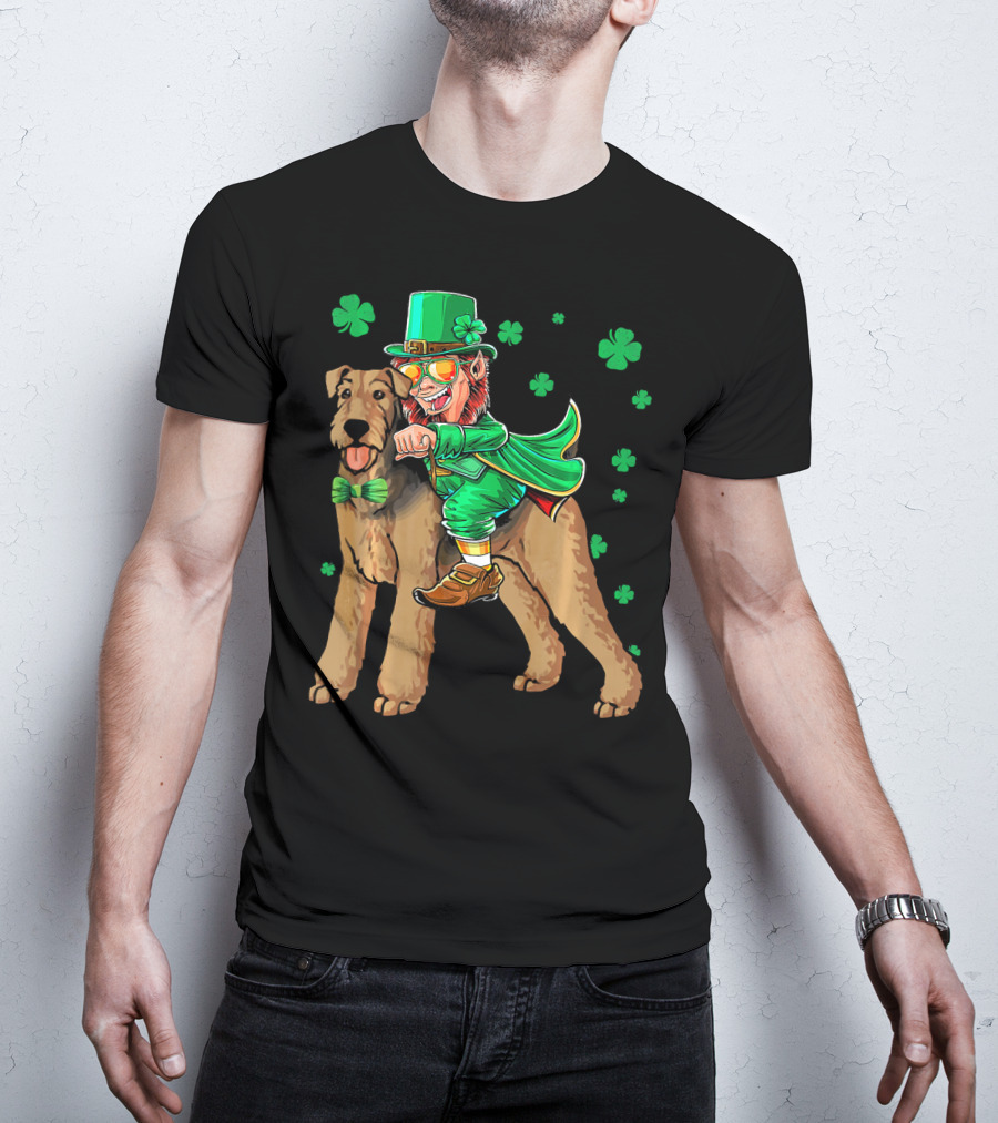 Leprechaun Riding Airedale Terrier With Shamrocks T-Shirt