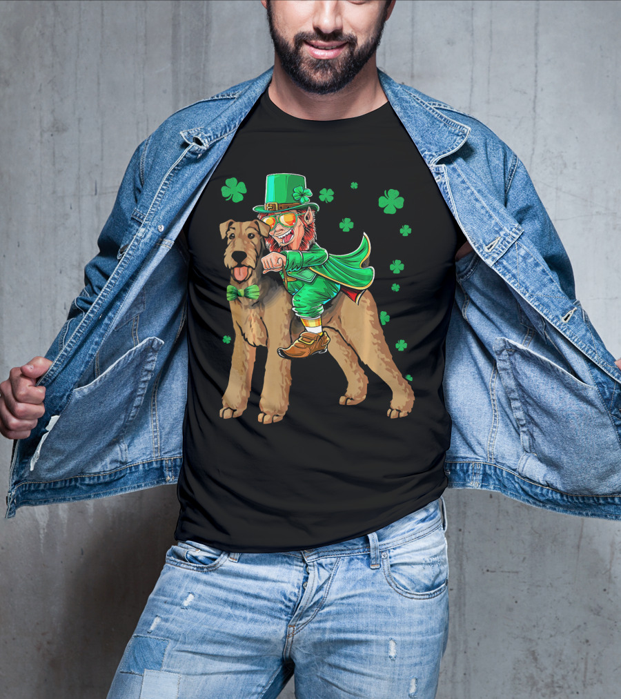 Leprechaun Riding Airedale Terrier With Shamrocks T-Shirt