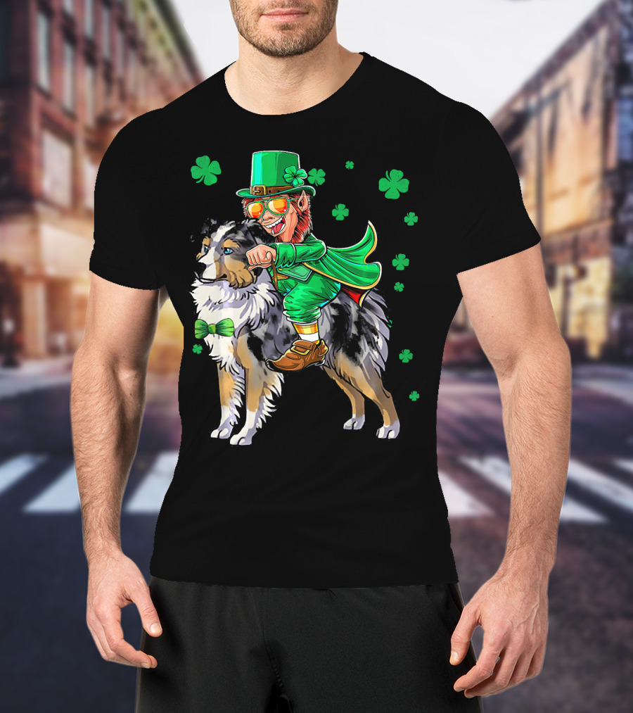 Leprechaun Riding Miniature Australian Shepherd With Shamrocks T-Shirt