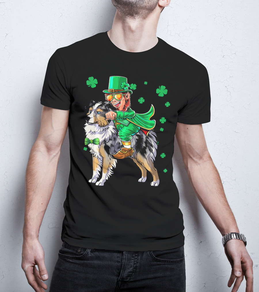 Leprechaun Riding Miniature Australian Shepherd With Shamrocks T-Shirt