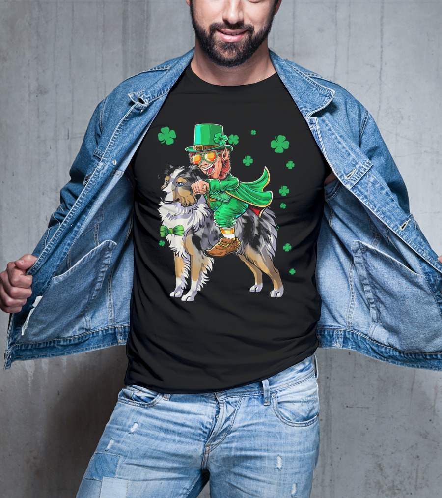 Leprechaun Riding Miniature Australian Shepherd With Shamrocks T-Shirt