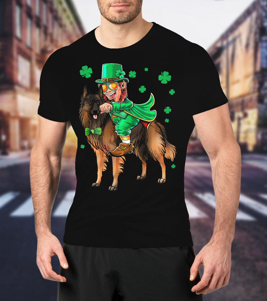 Leprechaun Riding Belgian Tervuren With Shamrock Accents T-Shirt