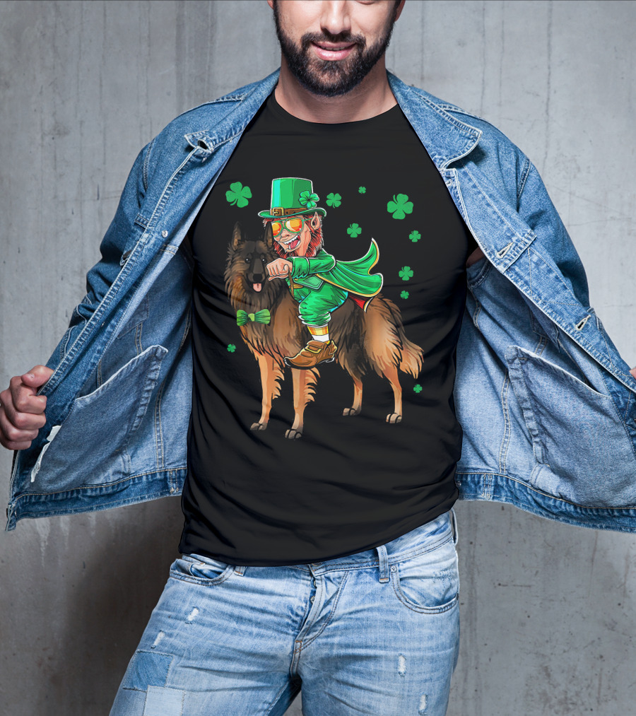 Leprechaun Riding Belgian Tervuren With Shamrock Accents T-Shirt