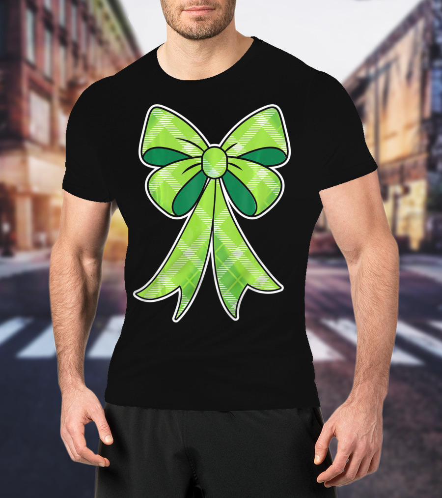 Girls St Patricks Day Green Plaid Bow T-Shirt