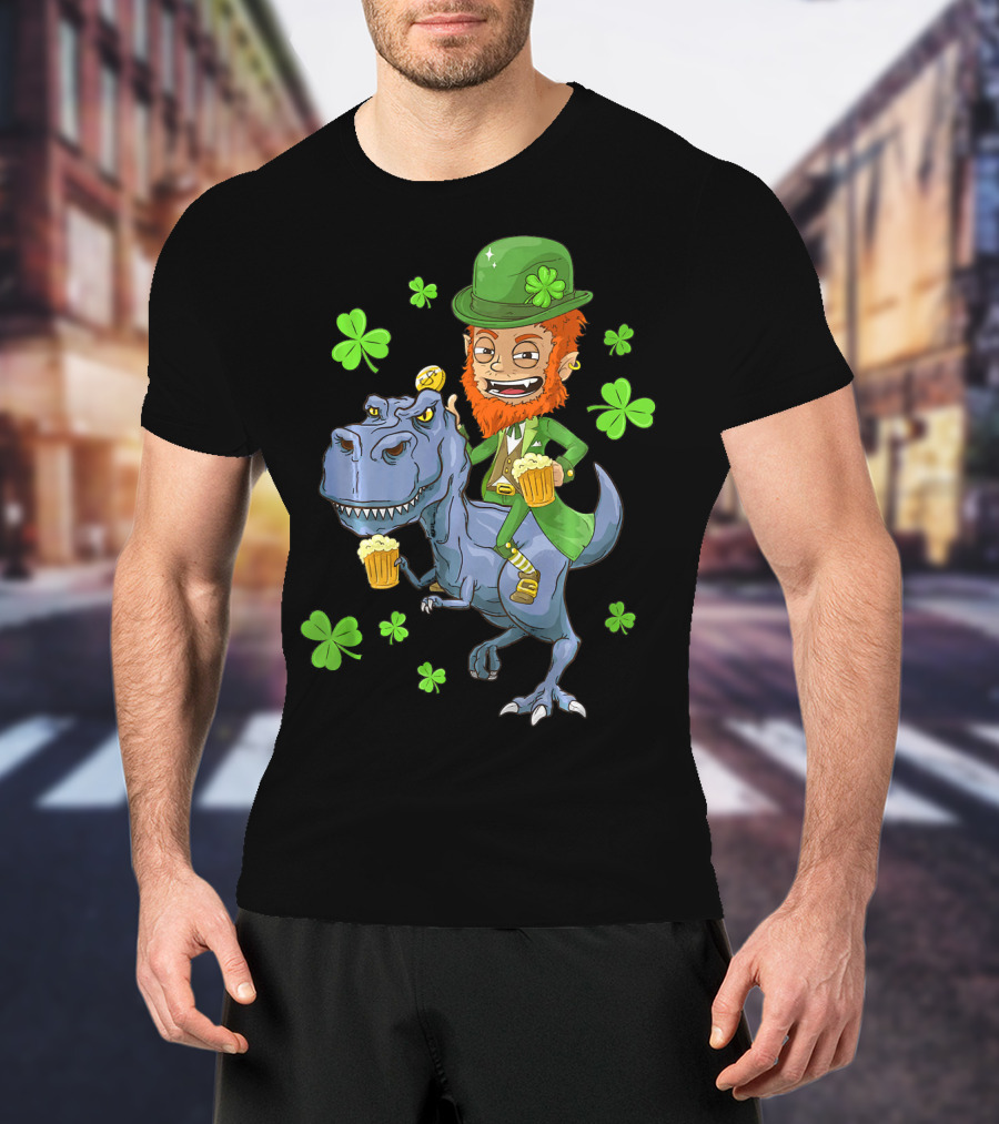 Leprechaun Irish Riding T-Rex Dinosaur With Shamrocks And Beer T-Shirt