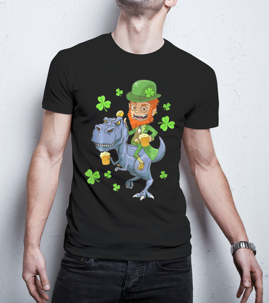Leprechaun Irish Riding T-Rex Dinosaur With Shamrocks And Beer T-Shirt