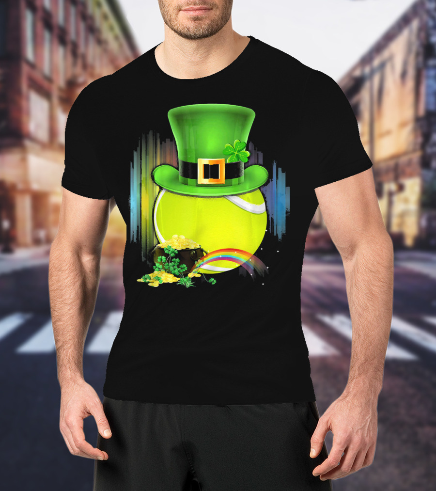 Leprechaun Hat Tennis Ball With Rainbow And Pot Of Gold For Saint Patricks T-Shirt