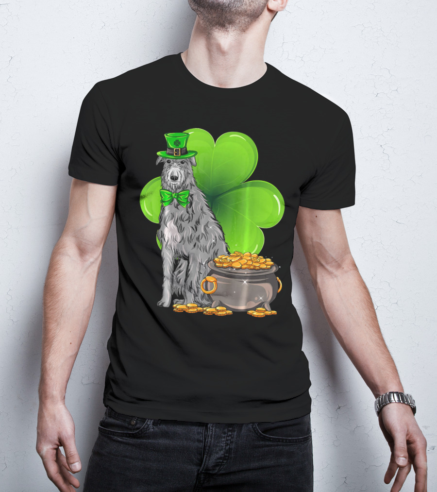 Scottish Deerhound St Patricks Day Leprechaun Hat Pot Of Gold Shamrock T-Shirt
