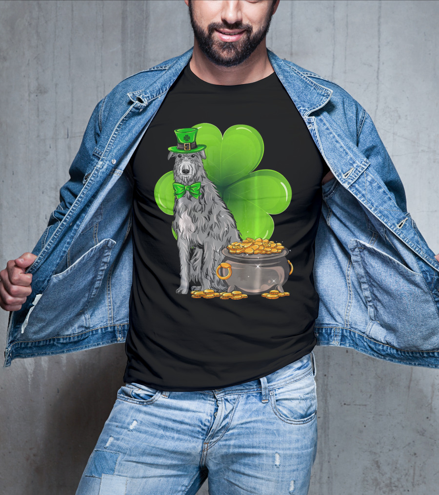 Scottish Deerhound St Patricks Day Leprechaun Hat Pot Of Gold Shamrock T-Shirt
