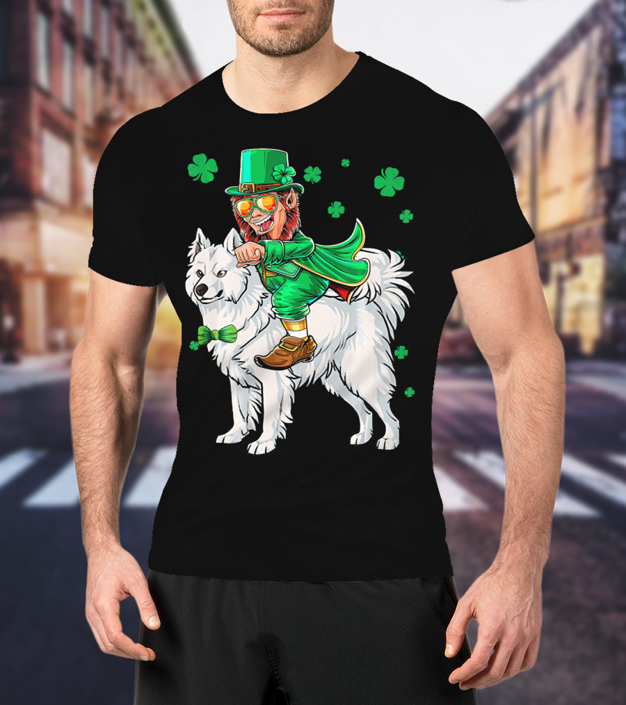 Leprechaun Riding Samoyed With Shamrocks St. Patrick's Day T-Shirt