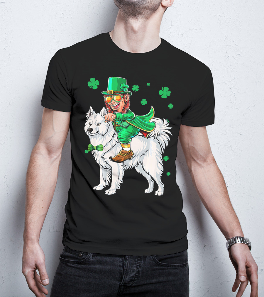 Leprechaun Riding Samoyed With Shamrocks St. Patrick's Day T-Shirt