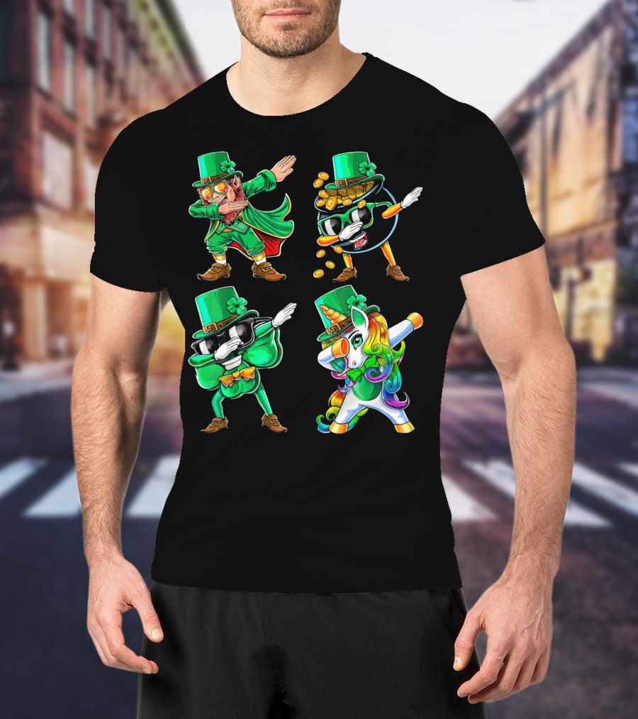 Dabbing Leprechaun Shamrock Unicorn Coin-Throwing Glasses Rabbit T-Shirt