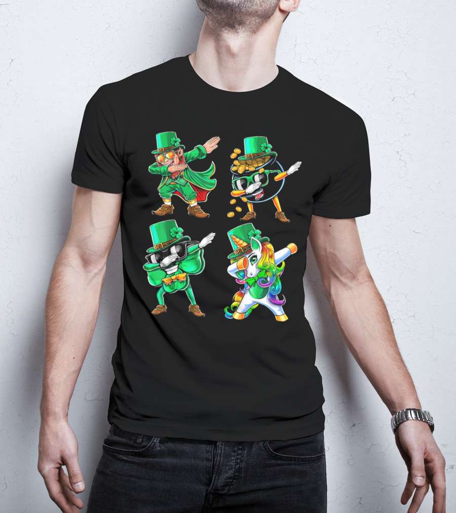Dabbing Leprechaun Shamrock Unicorn Coin-Throwing Glasses Rabbit T-Shirt