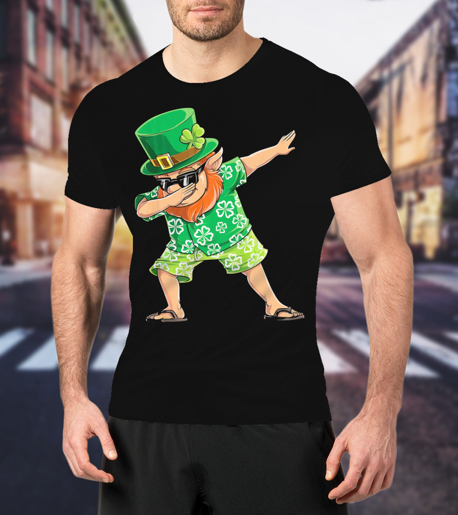 Dabbing Leprechaun In Hawaiian Clover T-Shirt