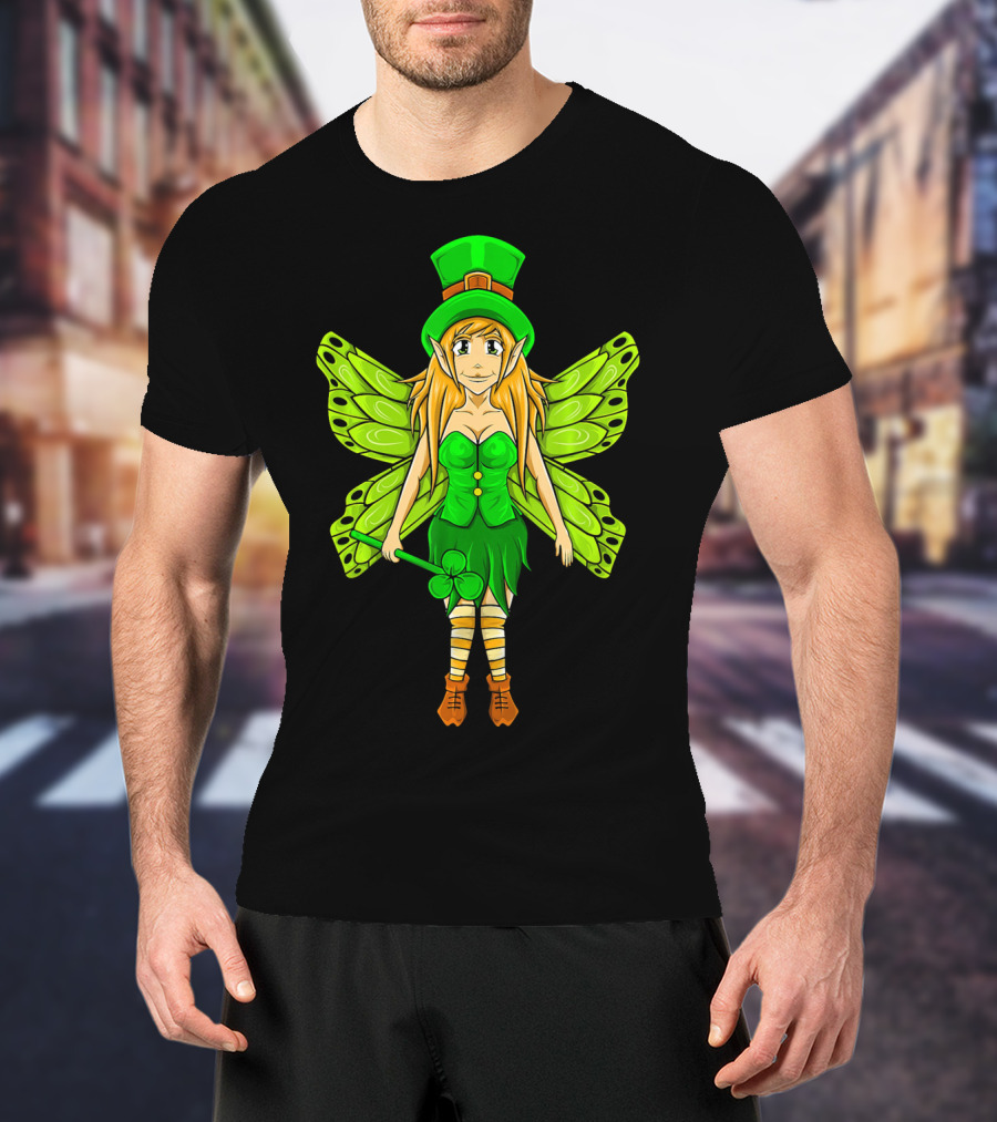 Funny St Patricks Day Leprechaun Fairy Girl With Green Wings And Clover Staff T-Shirt