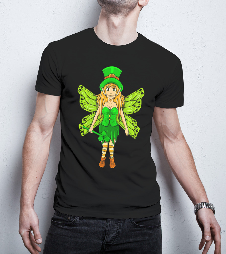 Funny St Patricks Day Leprechaun Fairy Girl With Green Wings And Clover Staff T-Shirt