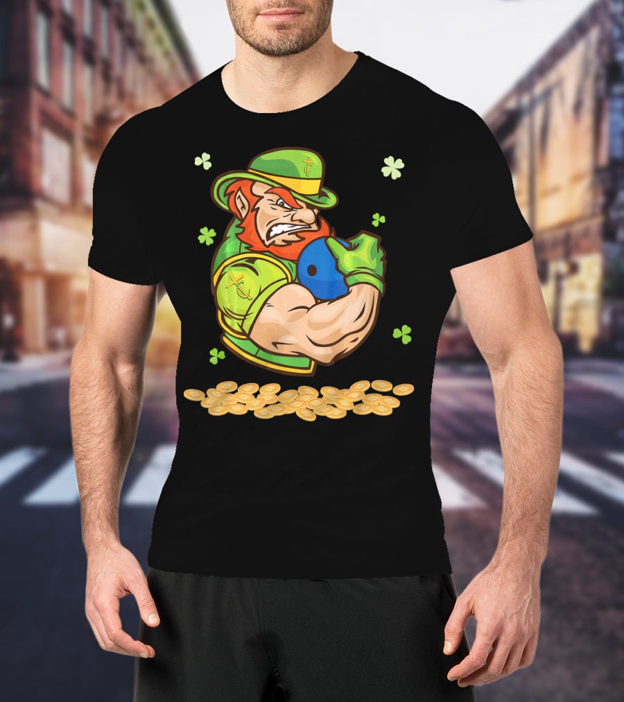 Leprechaun Playing Bowling Around Shamrock Coins And Clover T-Shirt