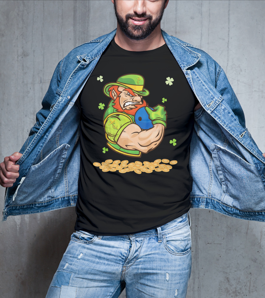 Leprechaun Playing Bowling Around Shamrock Coins And Clover T-Shirt