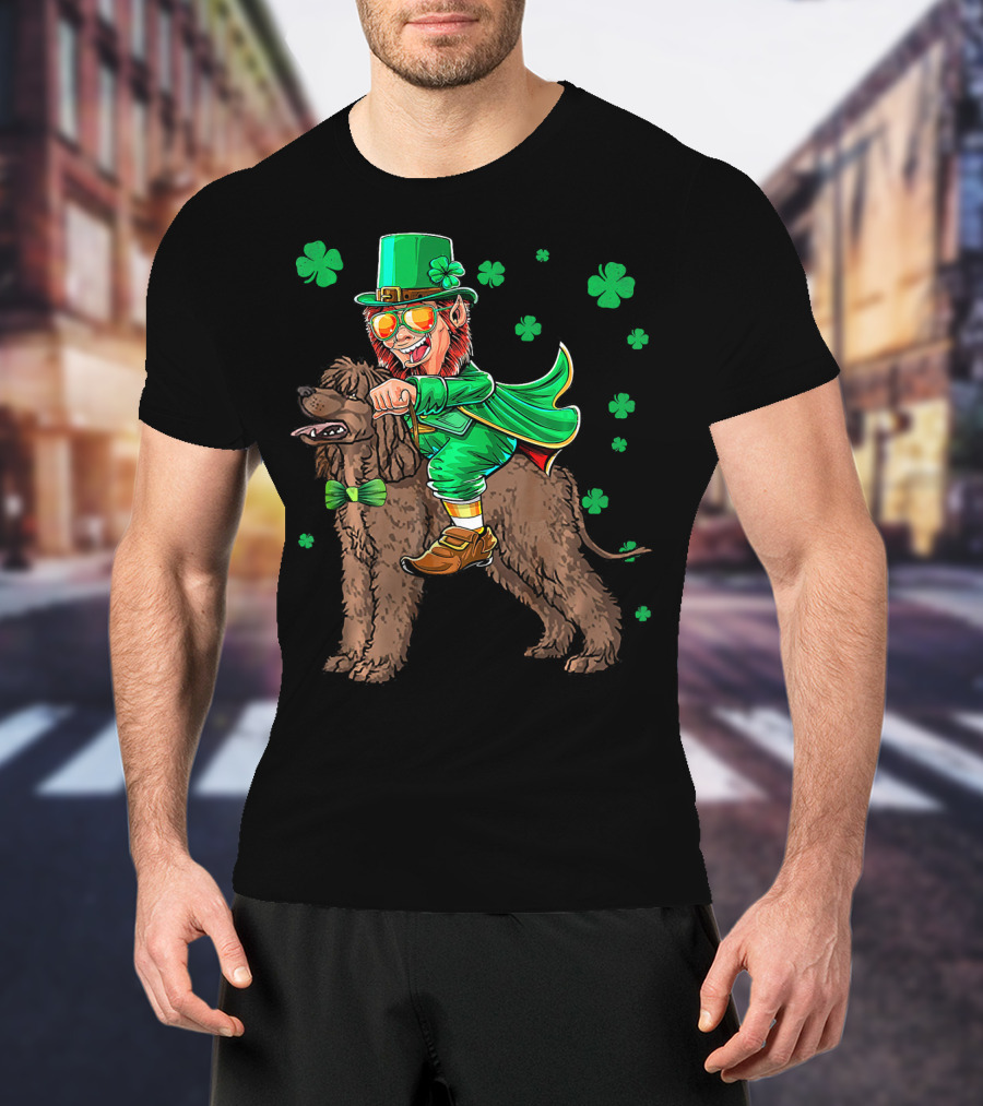 Leprechaun Riding Irish Water Spaniel With Shamrocks T-Shirt