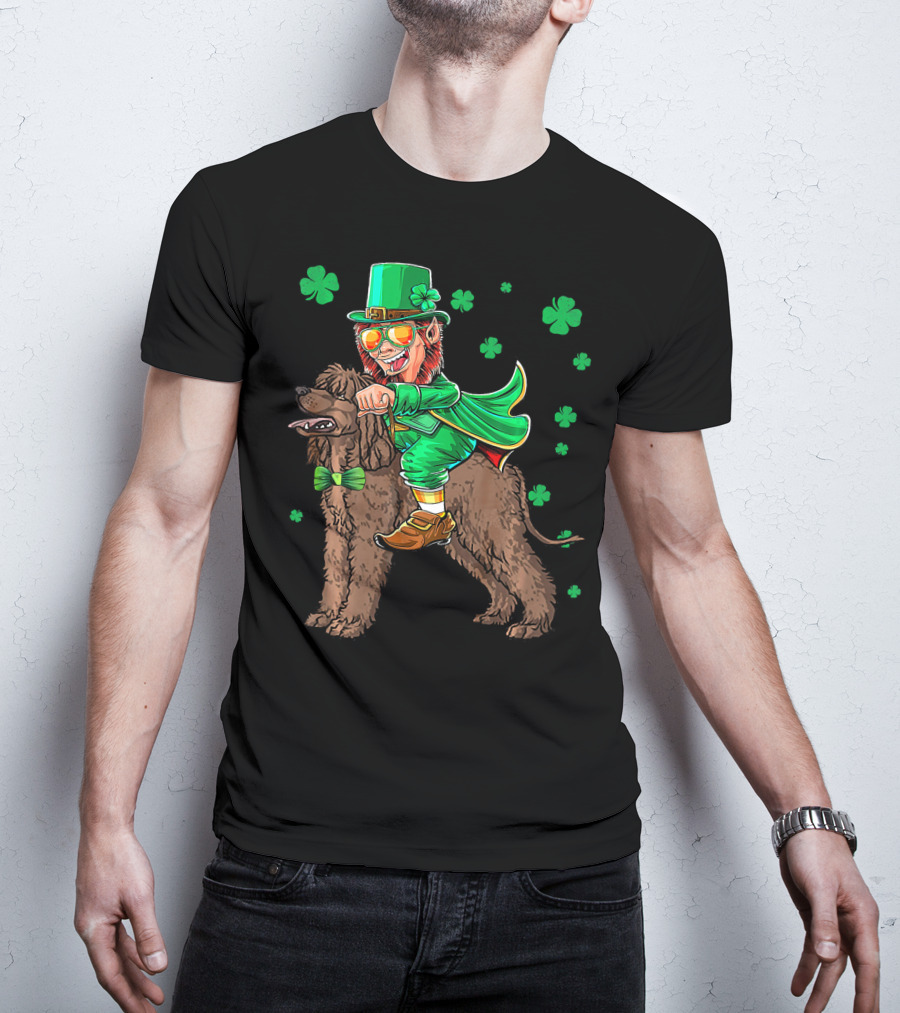 Leprechaun Riding Irish Water Spaniel With Shamrocks T-Shirt