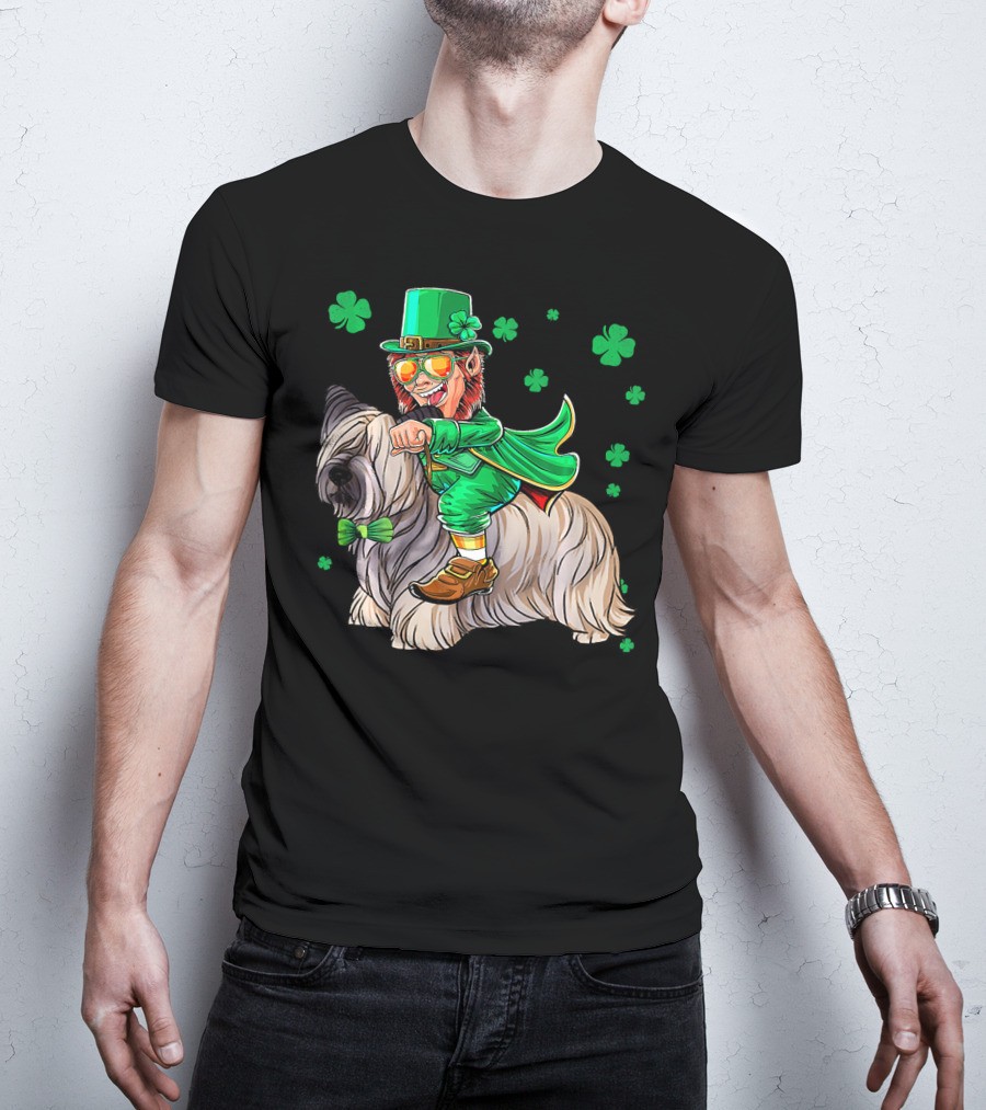 Leprechaun Riding Skye Terrier Shamrocks St. Patrick's Day T-Shirt