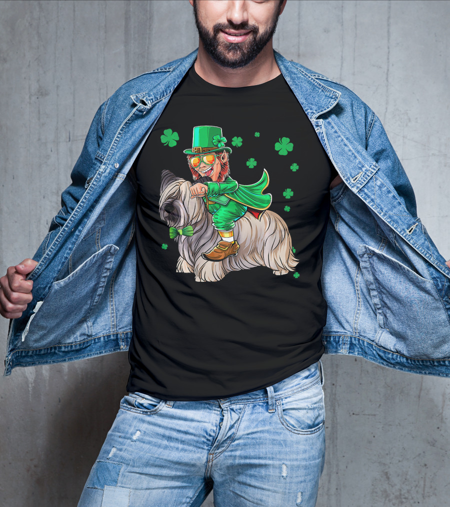 Leprechaun Riding Skye Terrier Shamrocks St. Patrick's Day T-Shirt