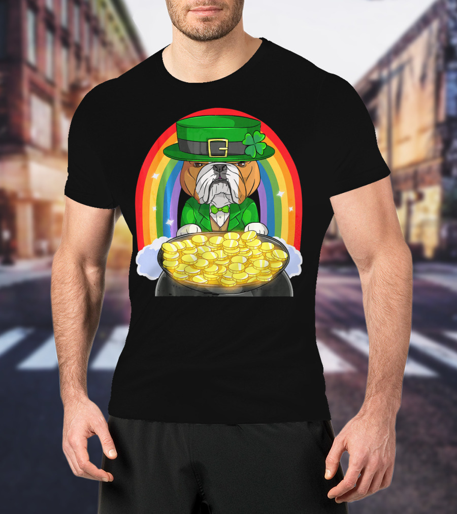 English Bulldog St Patricks Day Leprechaun Pot Of Gold Rainbow T-Shirt