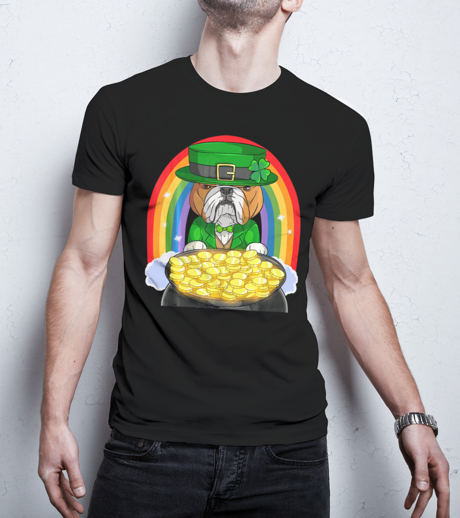 English Bulldog St Patricks Day Leprechaun Pot Of Gold Rainbow T-Shirt