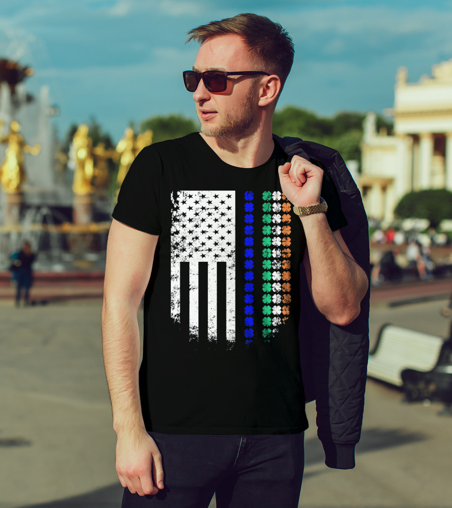 American Flag Irish Police Officer Shamrock Line T-Shirt
