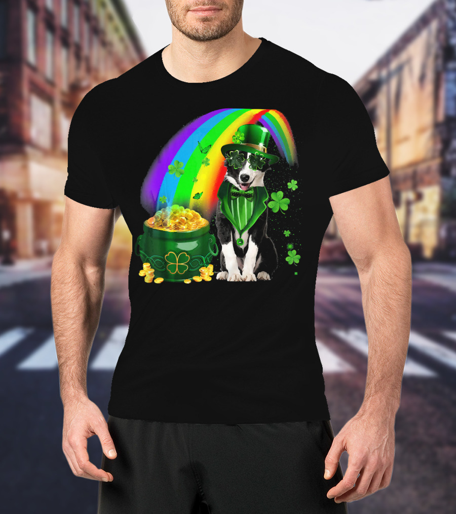 Border Collie Irish Leprechaun With Rainbow And Pot Of Gold Coins T-Shirt