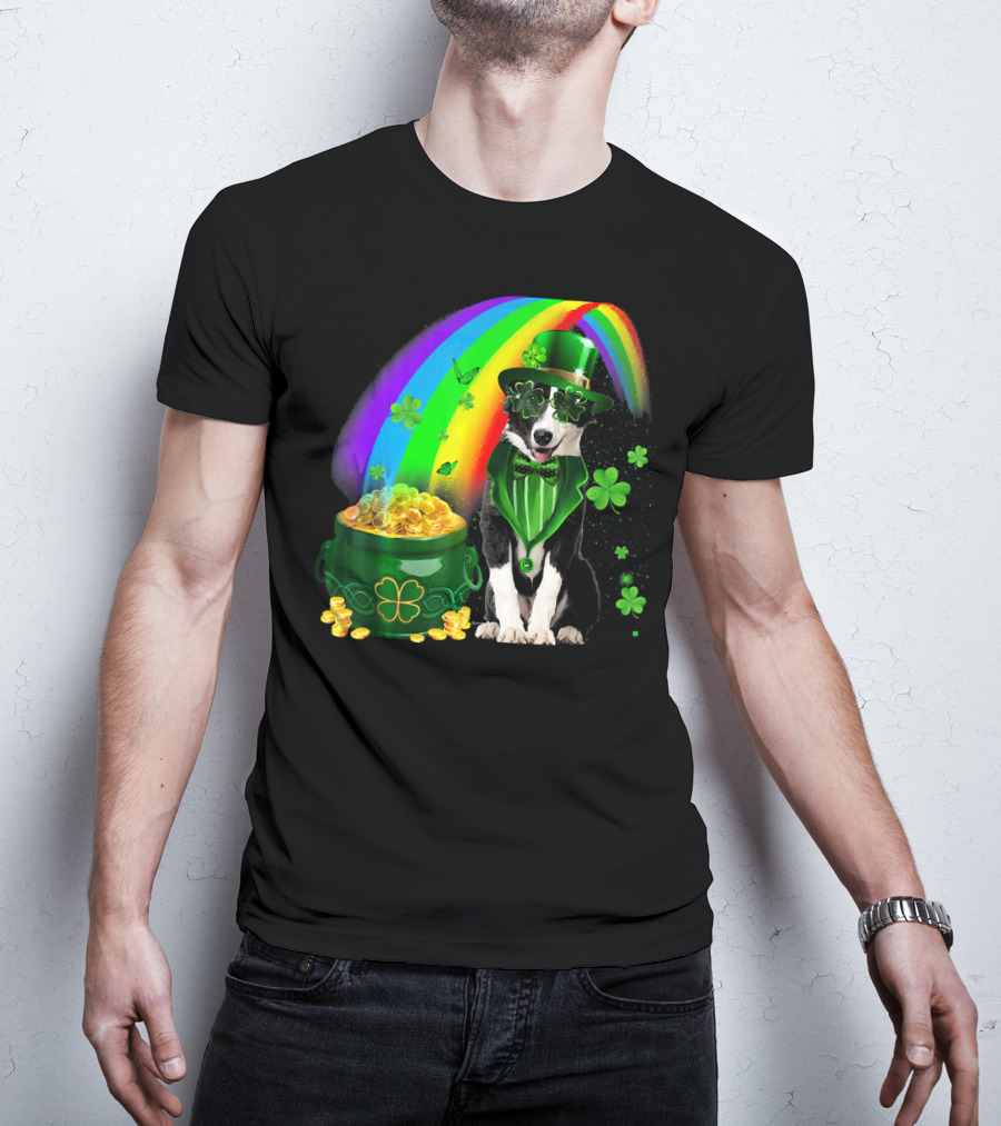 Border Collie Irish Leprechaun With Rainbow And Pot Of Gold Coins T-Shirt