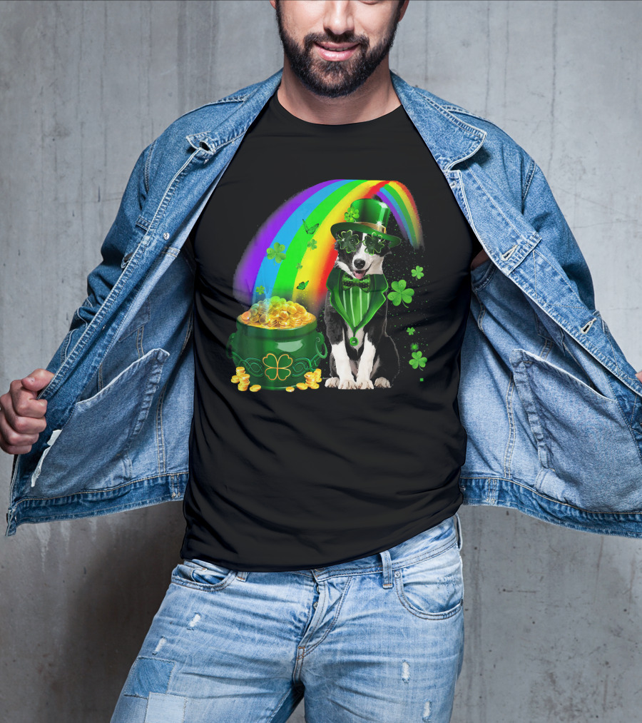 Border Collie Irish Leprechaun With Rainbow And Pot Of Gold Coins T-Shirt