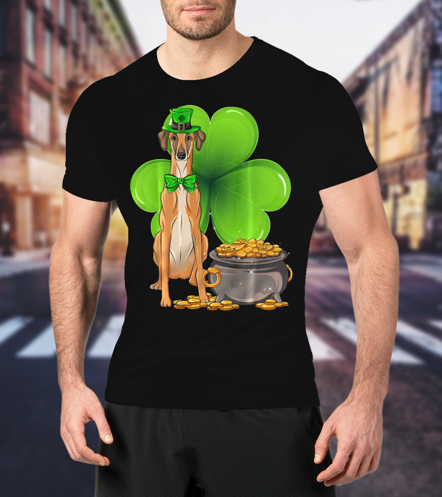 Sloughi Dog With Leprechaun Hat And Clover St Patricks Day Pot Of Gold T-Shirt