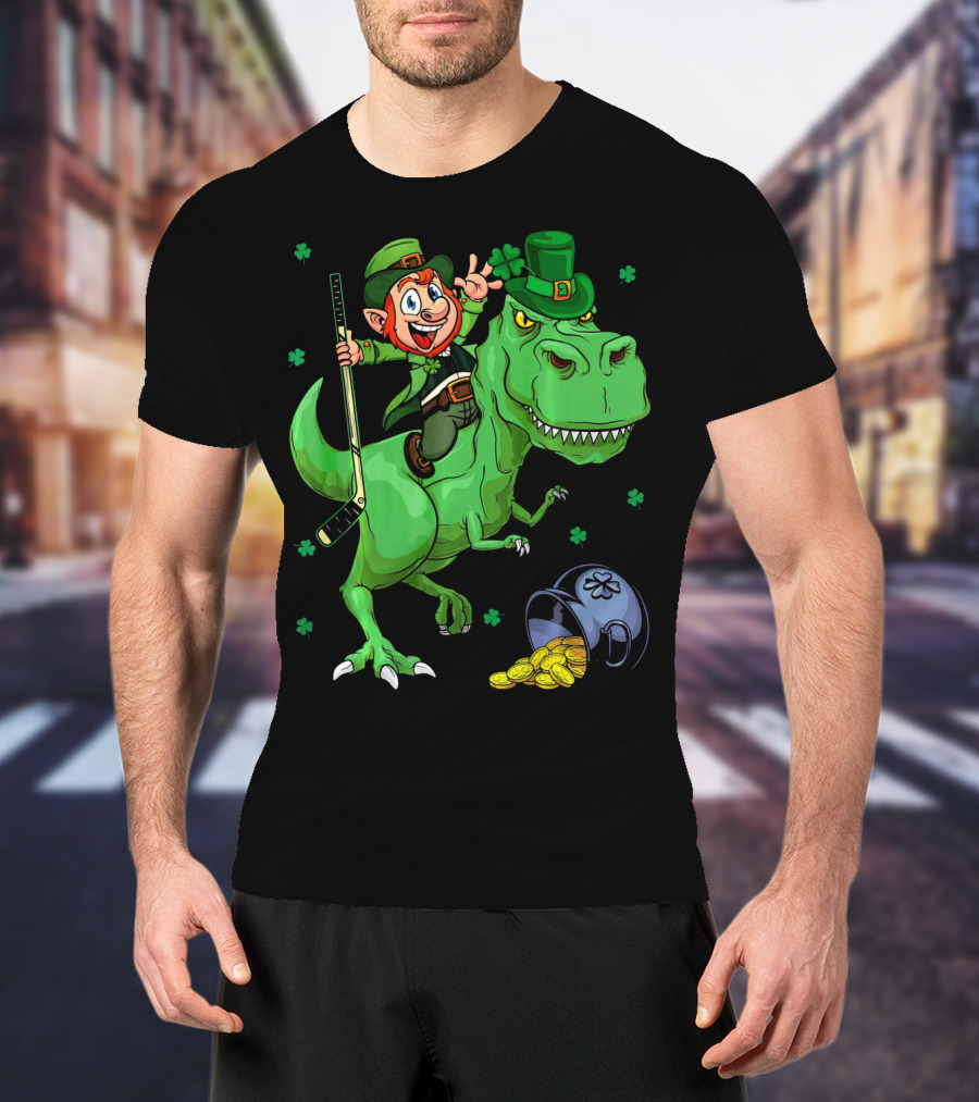 Funny St. Pat Rex Day Leprechaun Riding Dinosaur With Hockey Stick And Gold Coins T-Shirt