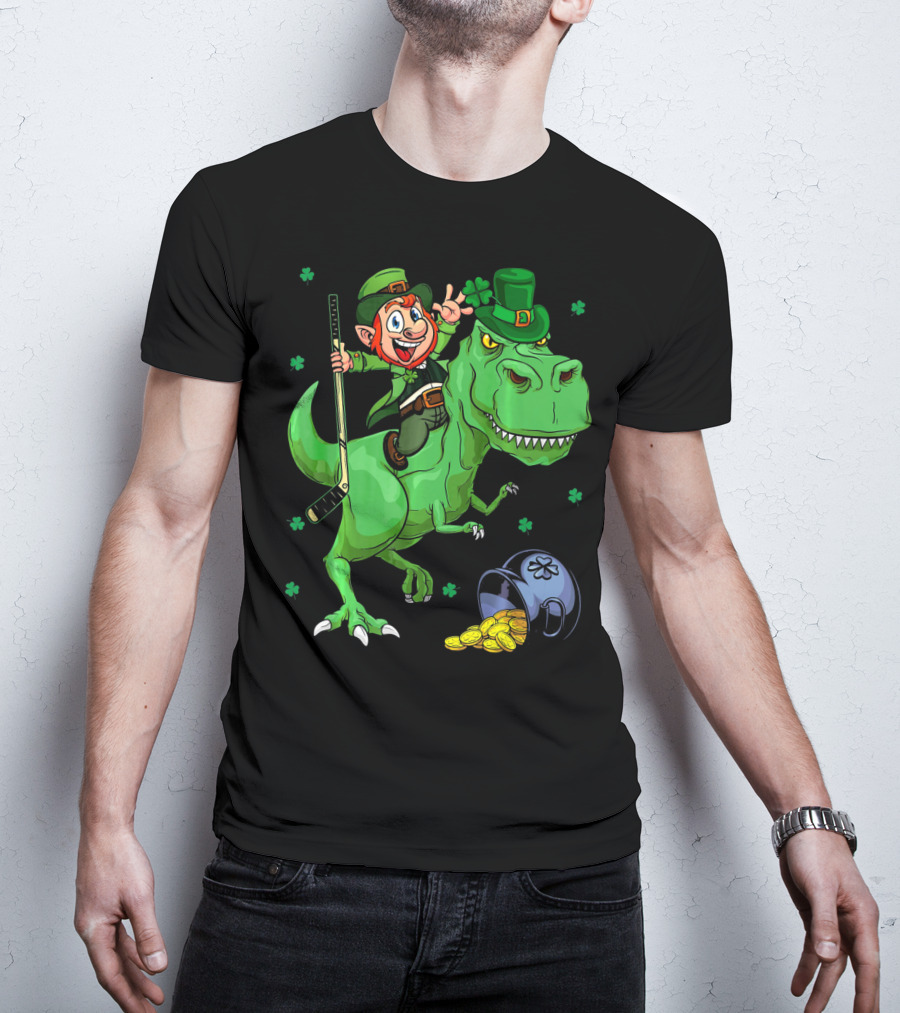 Funny St. Pat Rex Day Leprechaun Riding Dinosaur With Hockey Stick And Gold Coins T-Shirt
