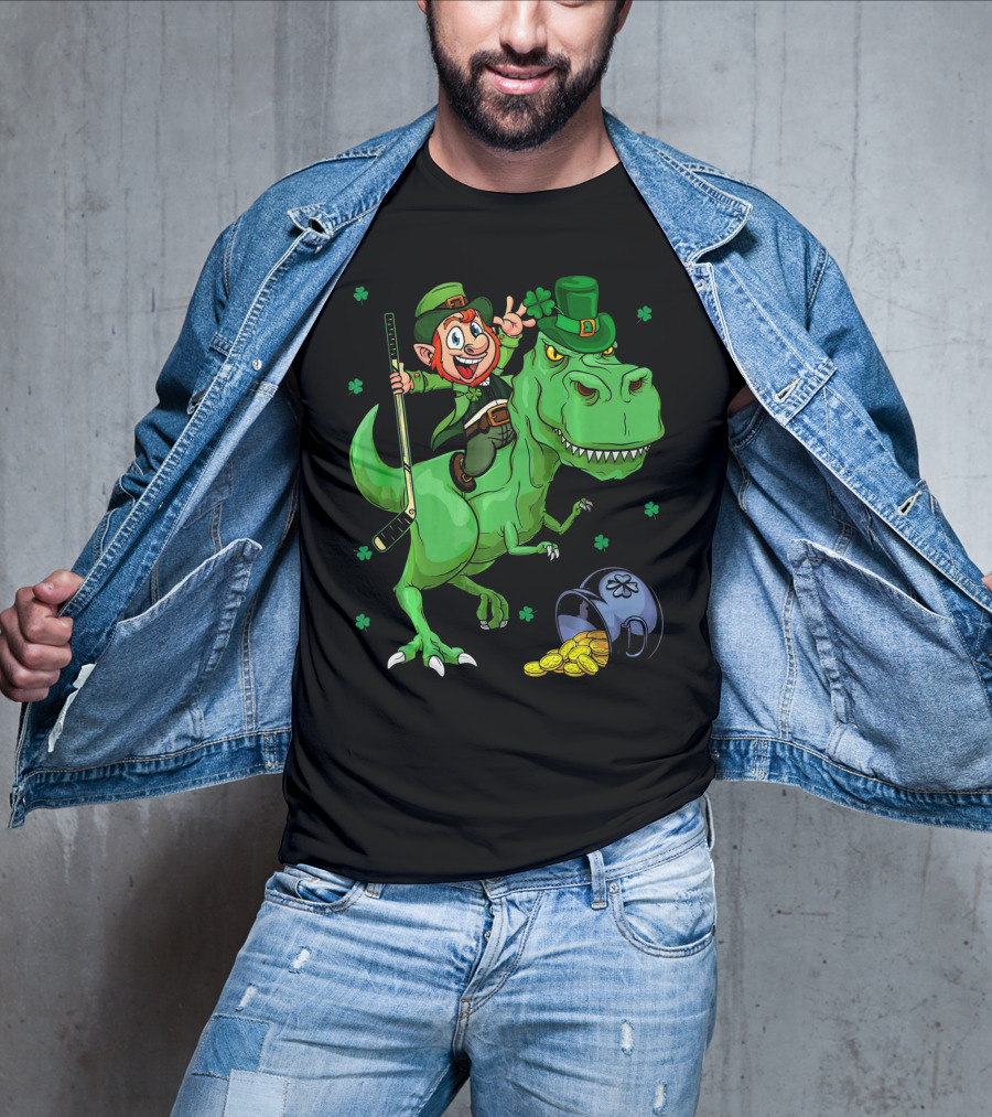 Funny St. Pat Rex Day Leprechaun Riding Dinosaur With Hockey Stick And Gold Coins T-Shirt