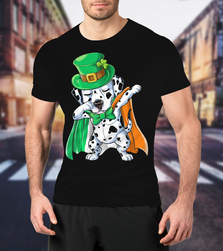 Saint Patrick's Day Dabbing Dalmatian In Green Hat And Irish Colors T-Shirt