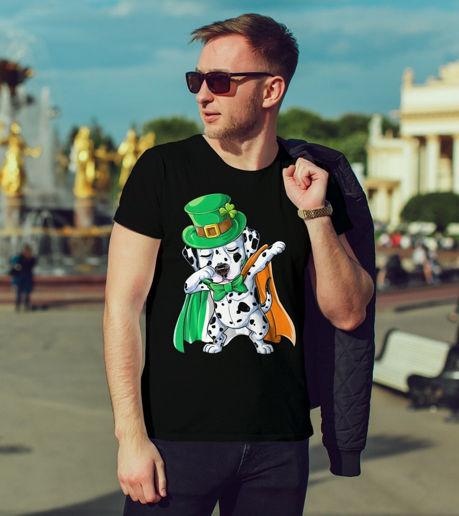 Saint Patrick's Day Dabbing Dalmatian In Green Hat And Irish Colors T-Shirt