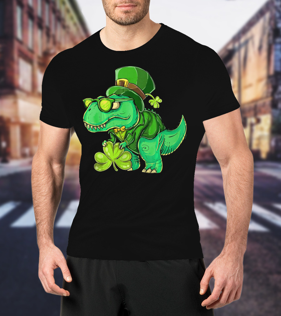 St Patricks Day Irish Dinosaur With Shamrock And Leprechaun Hat T-Shirt