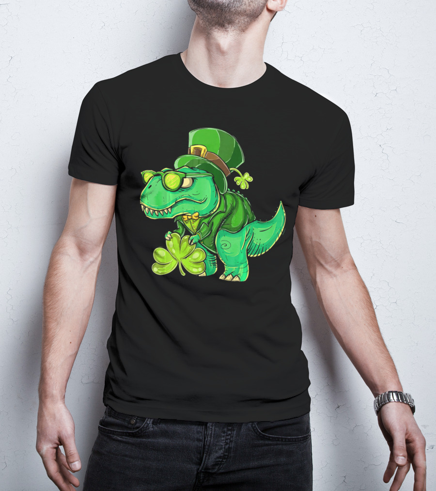 St Patricks Day Irish Dinosaur With Shamrock And Leprechaun Hat T-Shirt