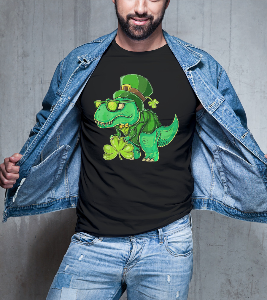 St Patricks Day Irish Dinosaur With Shamrock And Leprechaun Hat T-Shirt