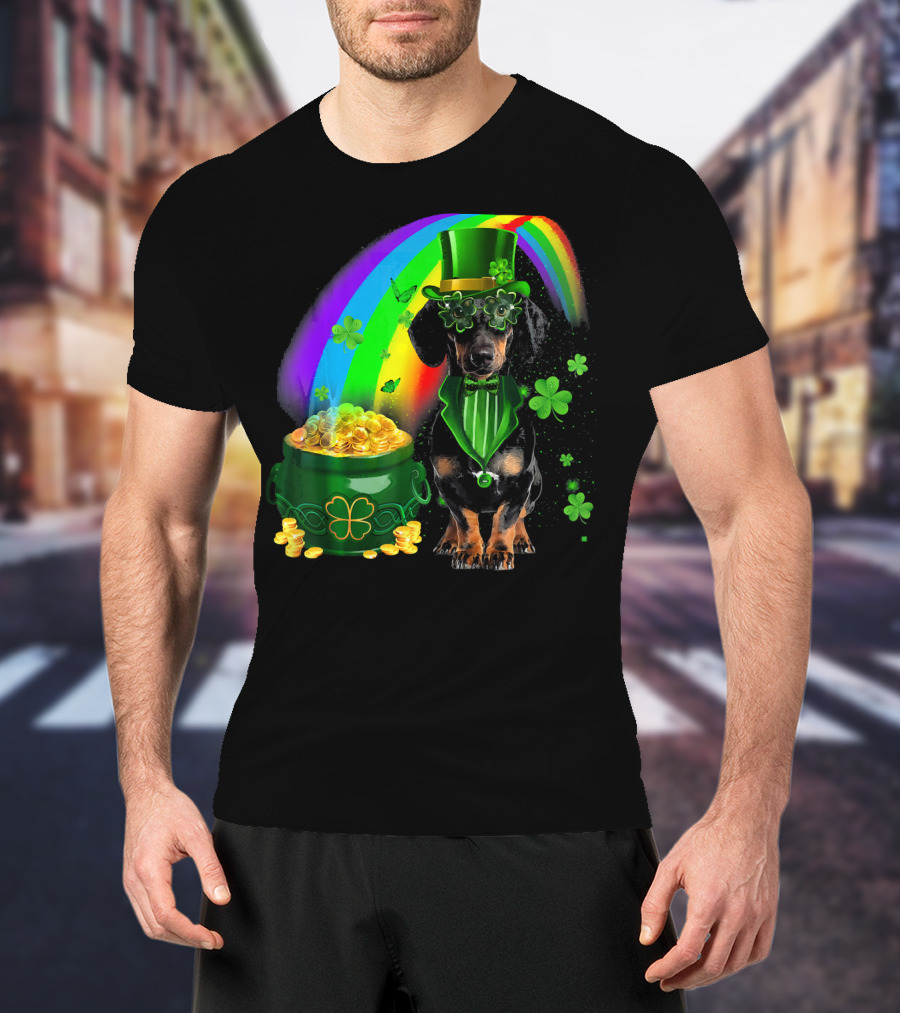 Dachshund Dog Irish Leprechaun With Pot Of Gold And Rainbow T-Shirt