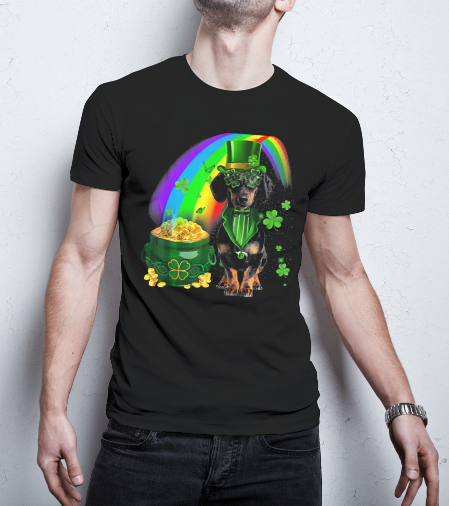 Dachshund Dog Irish Leprechaun With Pot Of Gold And Rainbow T-Shirt