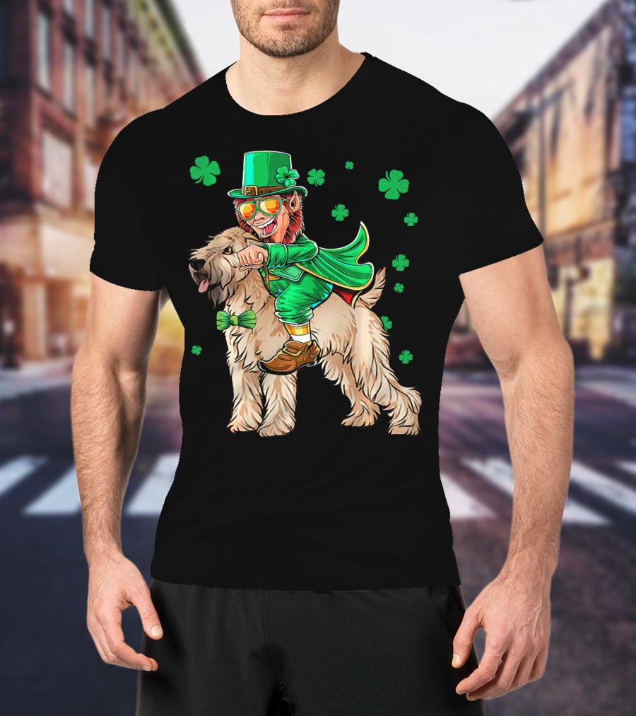 Leprechaun Riding Soft Coated Wheaten Terrier With Shamrocks T-Shirt