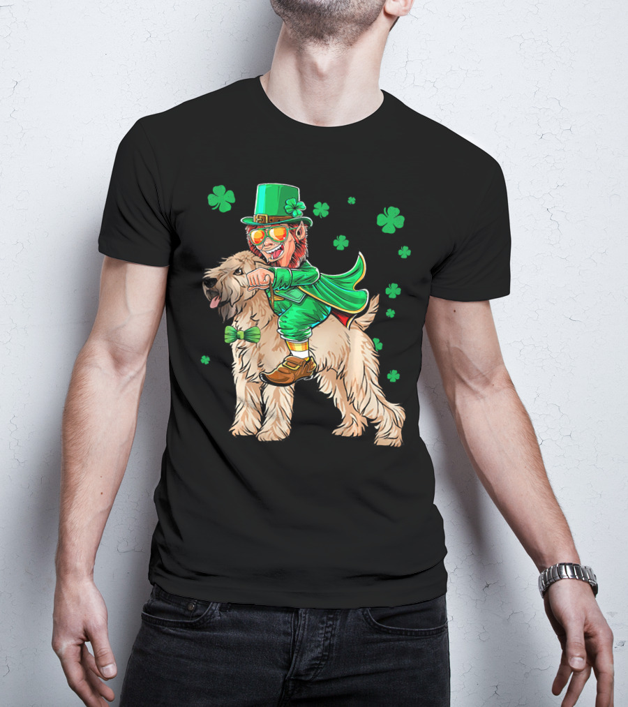Leprechaun Riding Soft Coated Wheaten Terrier With Shamrocks T-Shirt