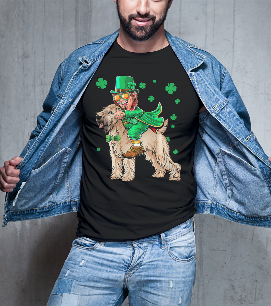 Leprechaun Riding Soft Coated Wheaten Terrier With Shamrocks T-Shirt