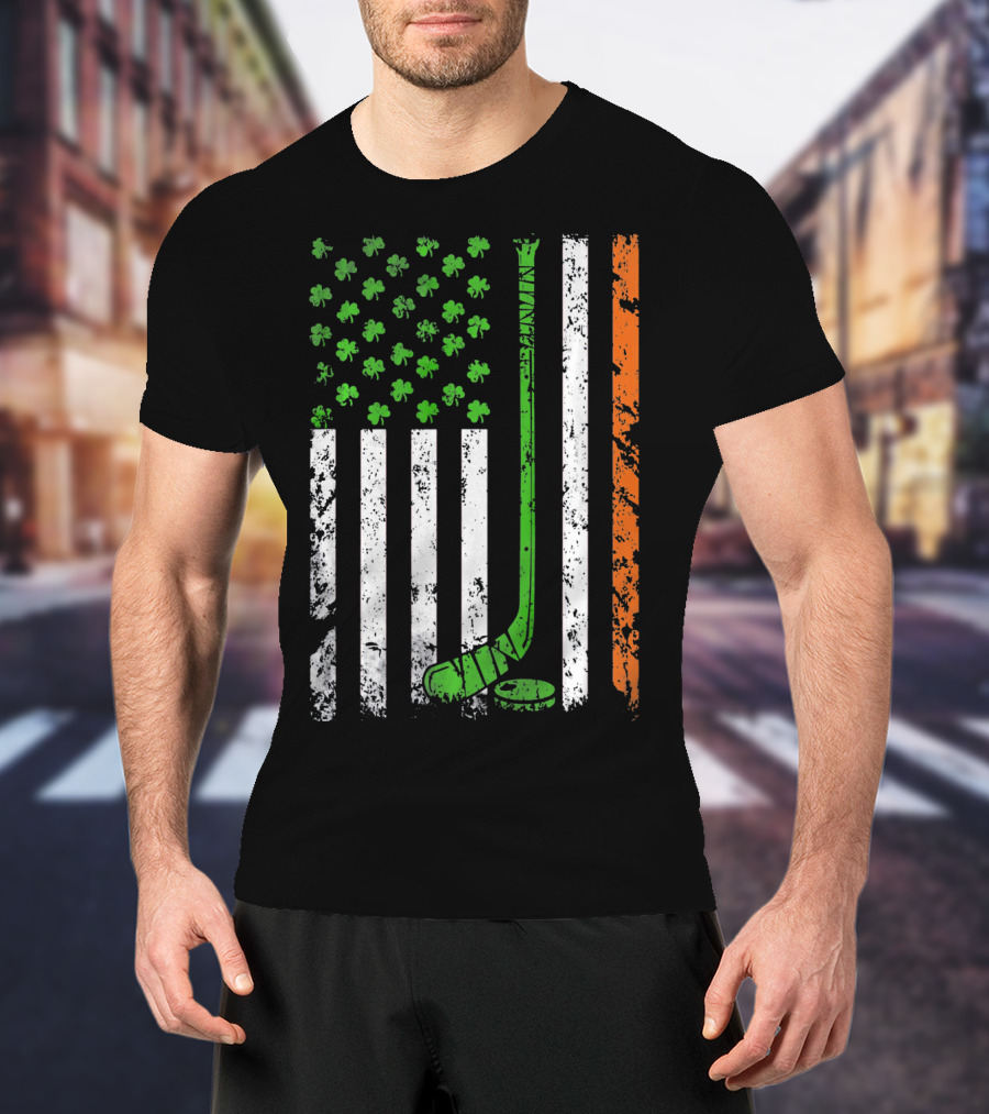 Irish American Hockey Flag With Shamrocks And Hockey Stick T-Shirt